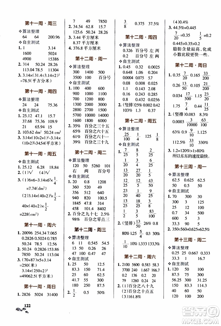 遼寧教育出版社2019年小學學霸天天計算六年級上冊RJ人教版參考答案