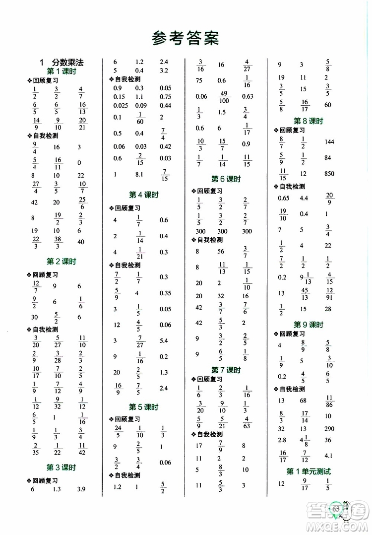 遼寧教育出版社2019年小學(xué)學(xué)霸口算六年級上冊RJ人教版參考答案