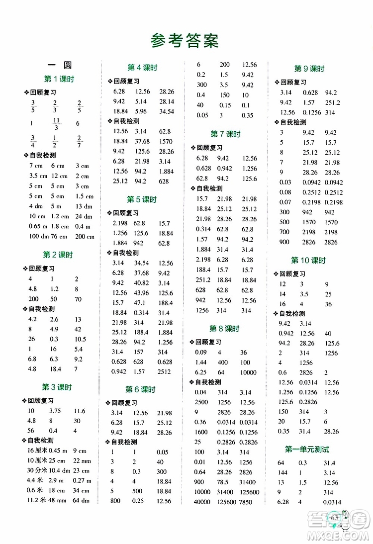 遼寧教育出版社2019年小學(xué)學(xué)霸口算六年級上冊BS北師版參考答案