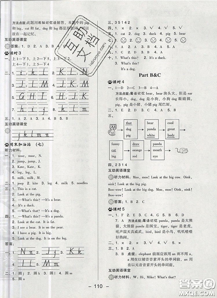 2019年綜合應(yīng)用創(chuàng)新題典中點(diǎn)三年級(jí)英語(yǔ)上冊(cè)人教PEP版參考答案