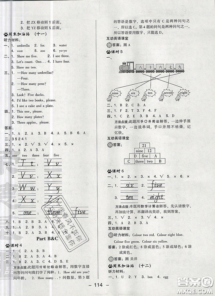 2019年綜合應(yīng)用創(chuàng)新題典中點(diǎn)三年級(jí)英語(yǔ)上冊(cè)人教PEP版參考答案