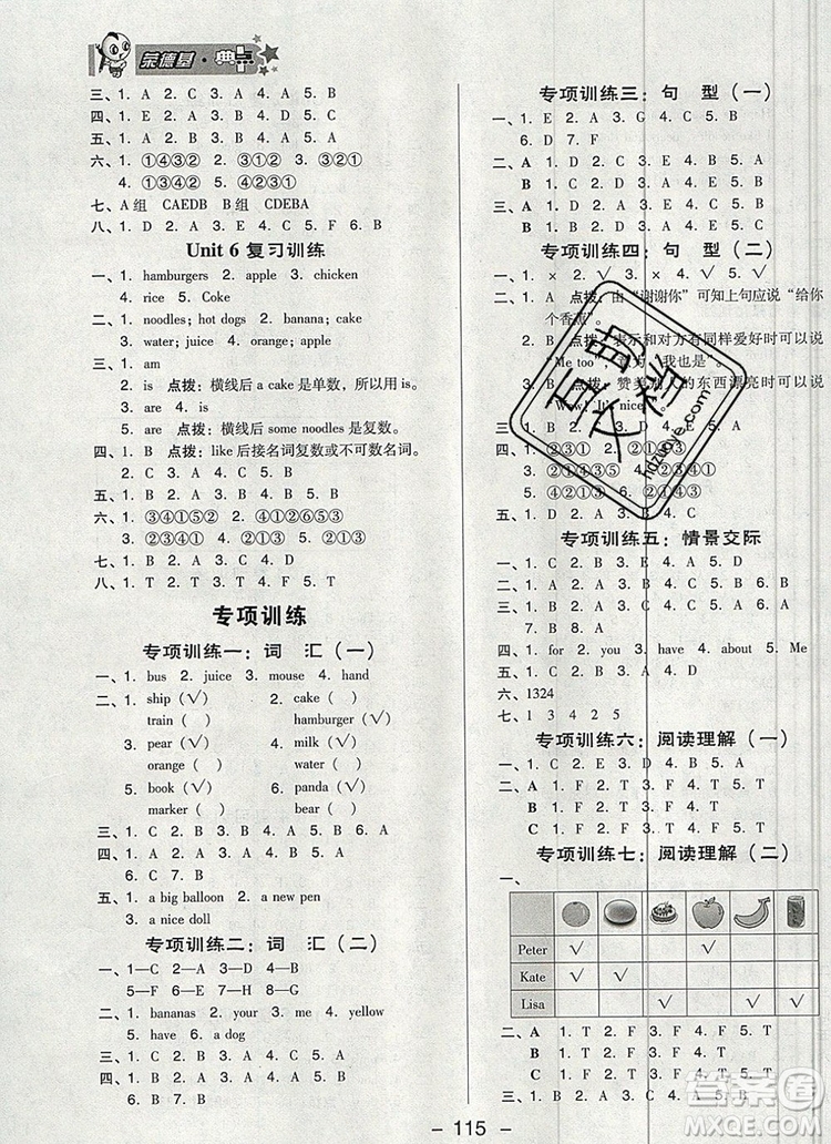 2019年綜合應(yīng)用創(chuàng)新題典中點(diǎn)三年級英語上冊精通版參考答案