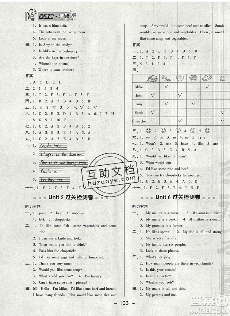 2019年綜合應用創(chuàng)新題典中點四年級英語上冊人教PEP版參考答案