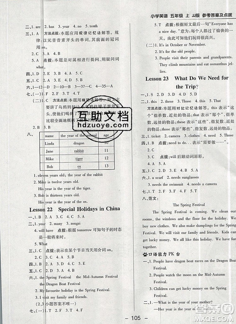 2019年綜合應(yīng)用創(chuàng)新題典中點(diǎn)五年級(jí)英語(yǔ)上冊(cè)冀教版參考答案