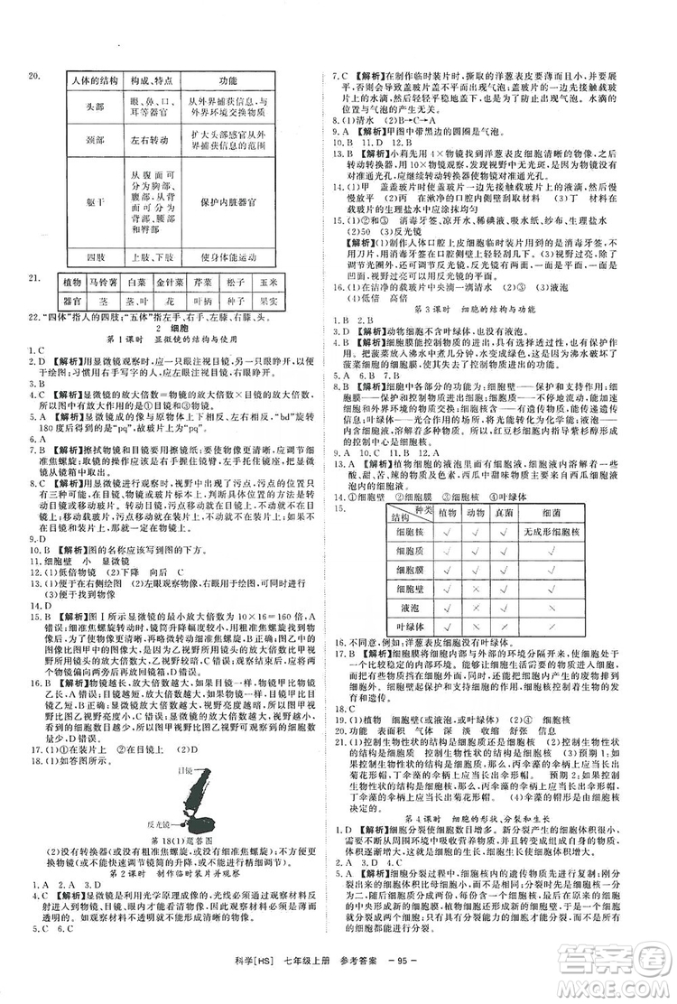 2019全效提分卷七年級上冊科學(xué)華師版HS答案