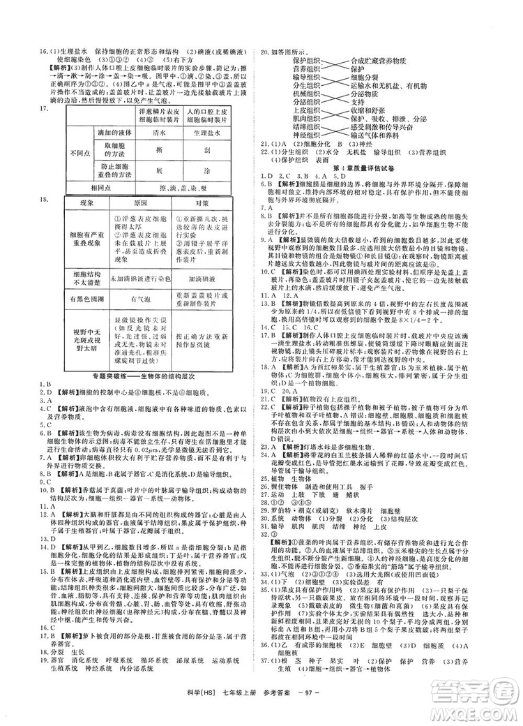 2019全效提分卷七年級上冊科學(xué)華師版HS答案