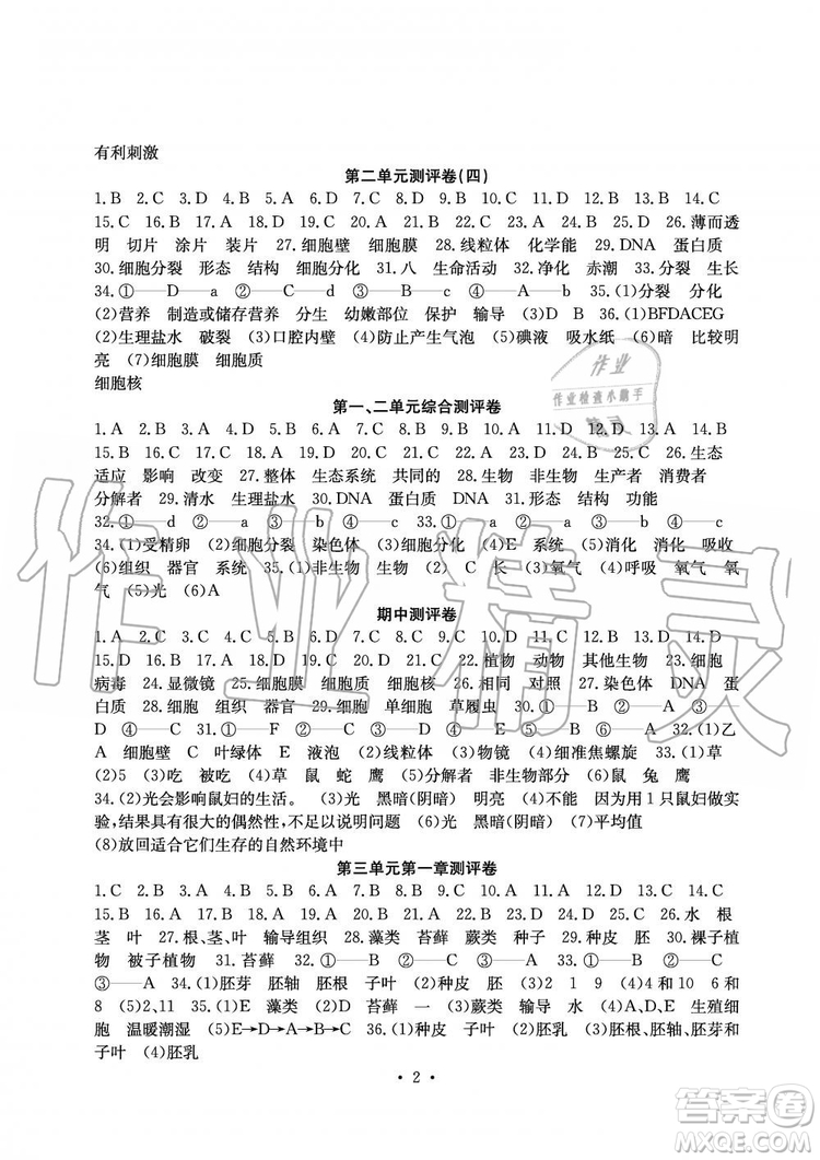 2019年秋大顯身手素質(zhì)教育單元測(cè)評(píng)卷七年級(jí)上冊(cè)生物人教版參考答案