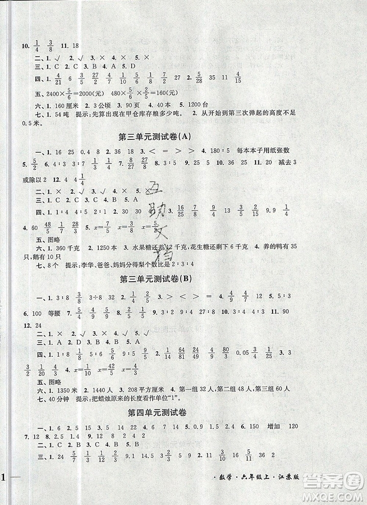 2019年名師點撥培優(yōu)密卷六年級數學上冊江蘇版參考答案