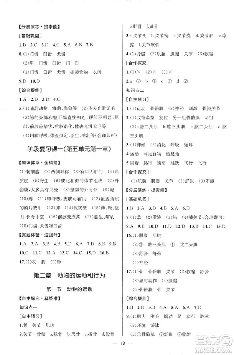 同步學(xué)歷案課時(shí)練2019八年級(jí)生物學(xué)上冊(cè)人教版答案