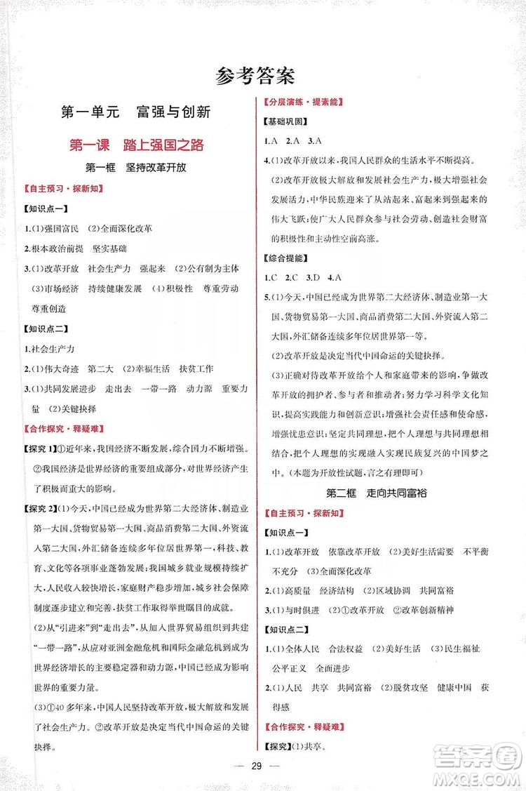 同步學(xué)歷案課時(shí)練2019九年級(jí)道德與法治人教版答案