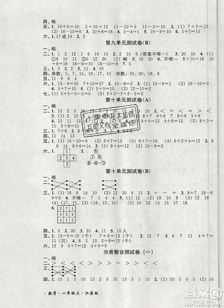 2019年名師點(diǎn)撥培優(yōu)密卷一年級數(shù)學(xué)上冊江蘇版參考答案