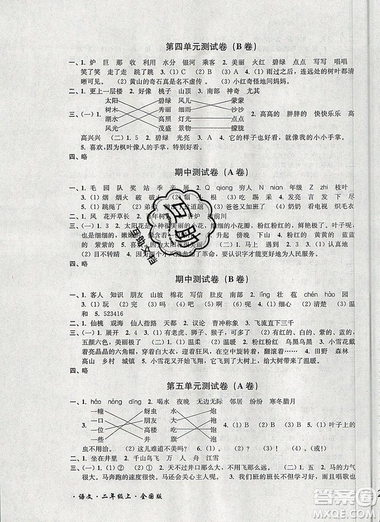 2019年名師點(diǎn)撥培優(yōu)密卷二年級(jí)語文上冊(cè)全國版參考答案