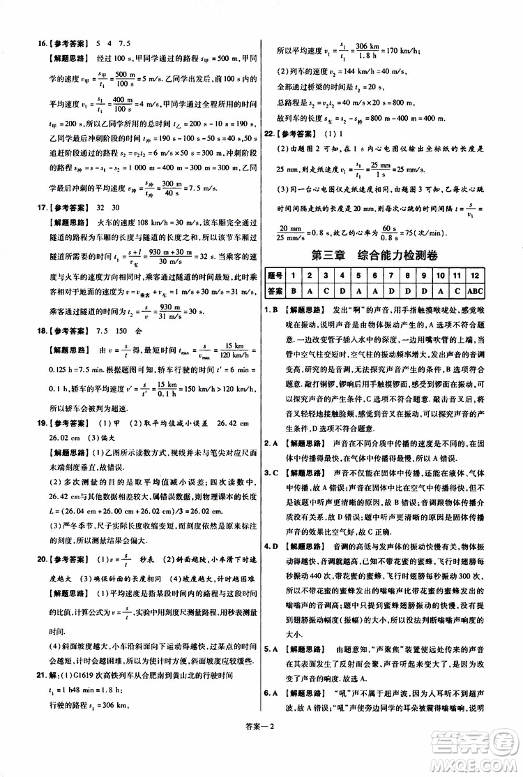 2020版天星教育一遍過單元綜合能力檢測卷初中物理八年級(jí)上冊(cè)HK滬科版參考答案