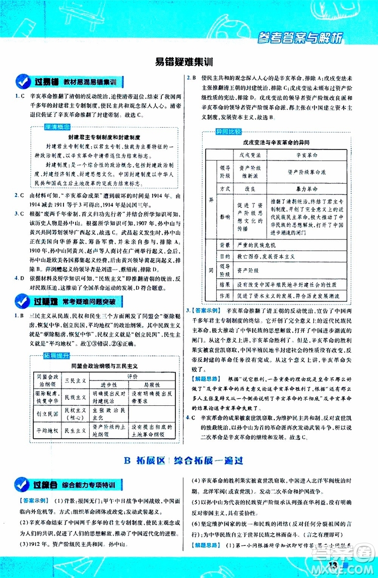 2020版一遍過初中歷史八年級上冊RJ人教版參考答案