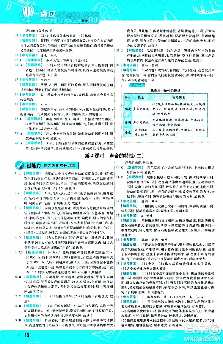 2020版天星教育一遍過(guò)初中物理八年級(jí)上冊(cè)RJ人教版參考答案