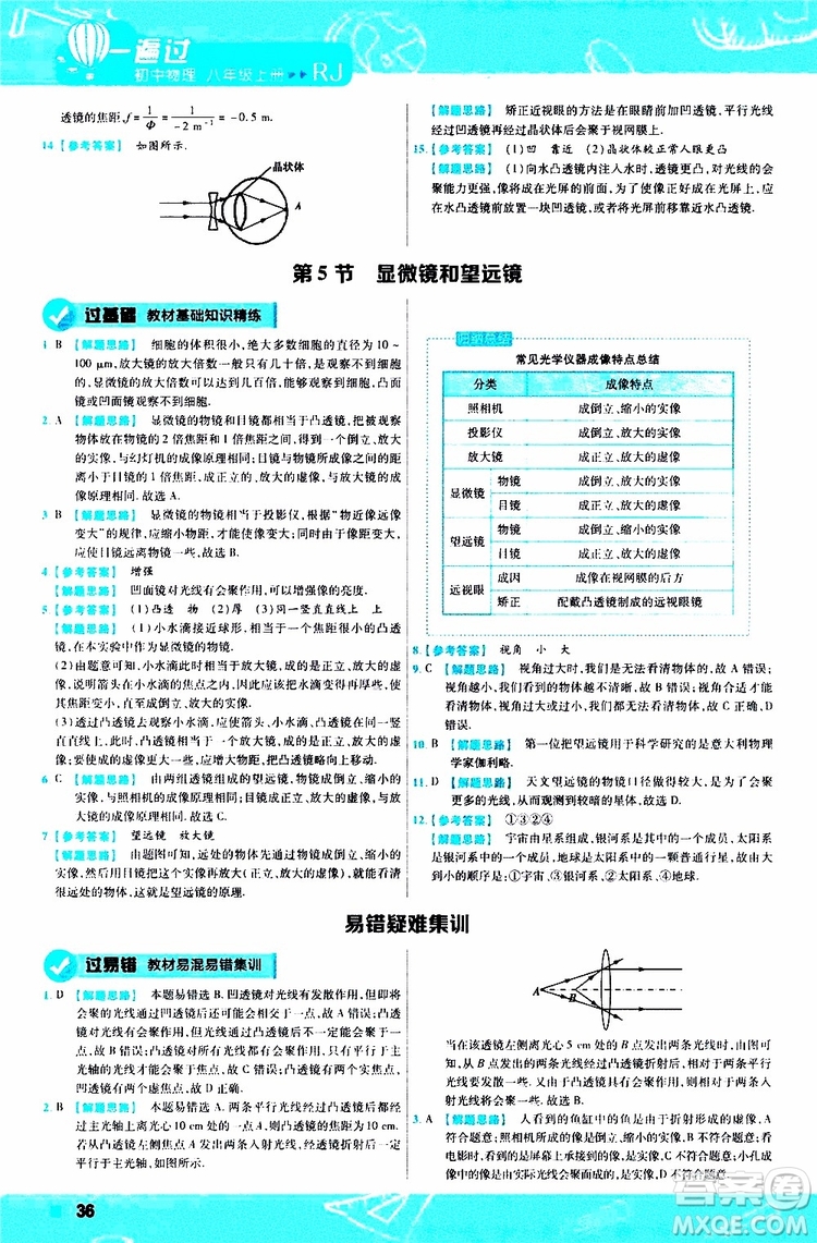 2020版天星教育一遍過(guò)初中物理八年級(jí)上冊(cè)RJ人教版參考答案