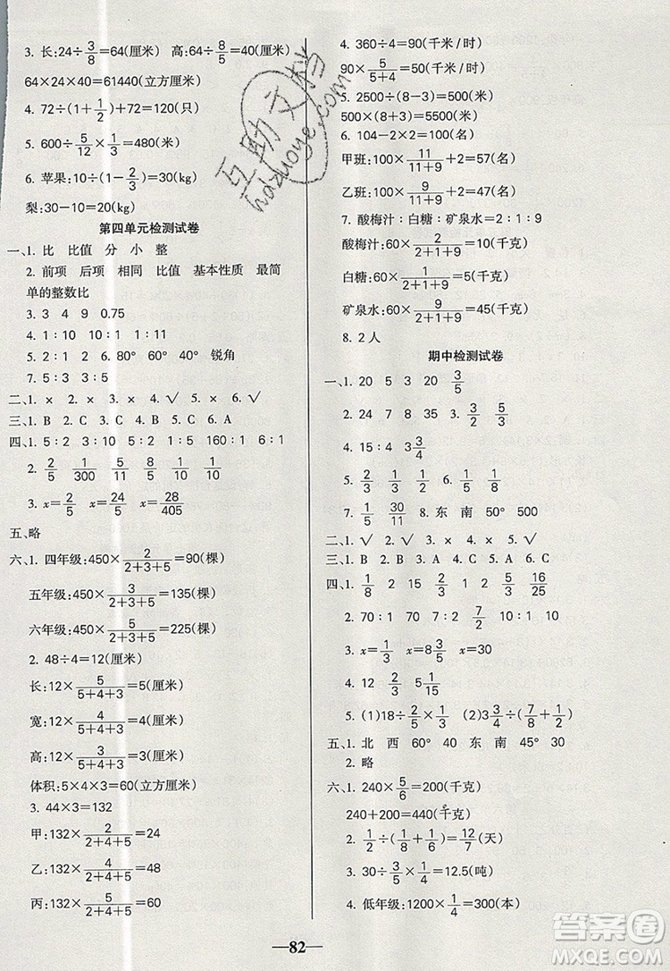 2019年名師點睛滿分卷六年級數學上冊人教版參考答案