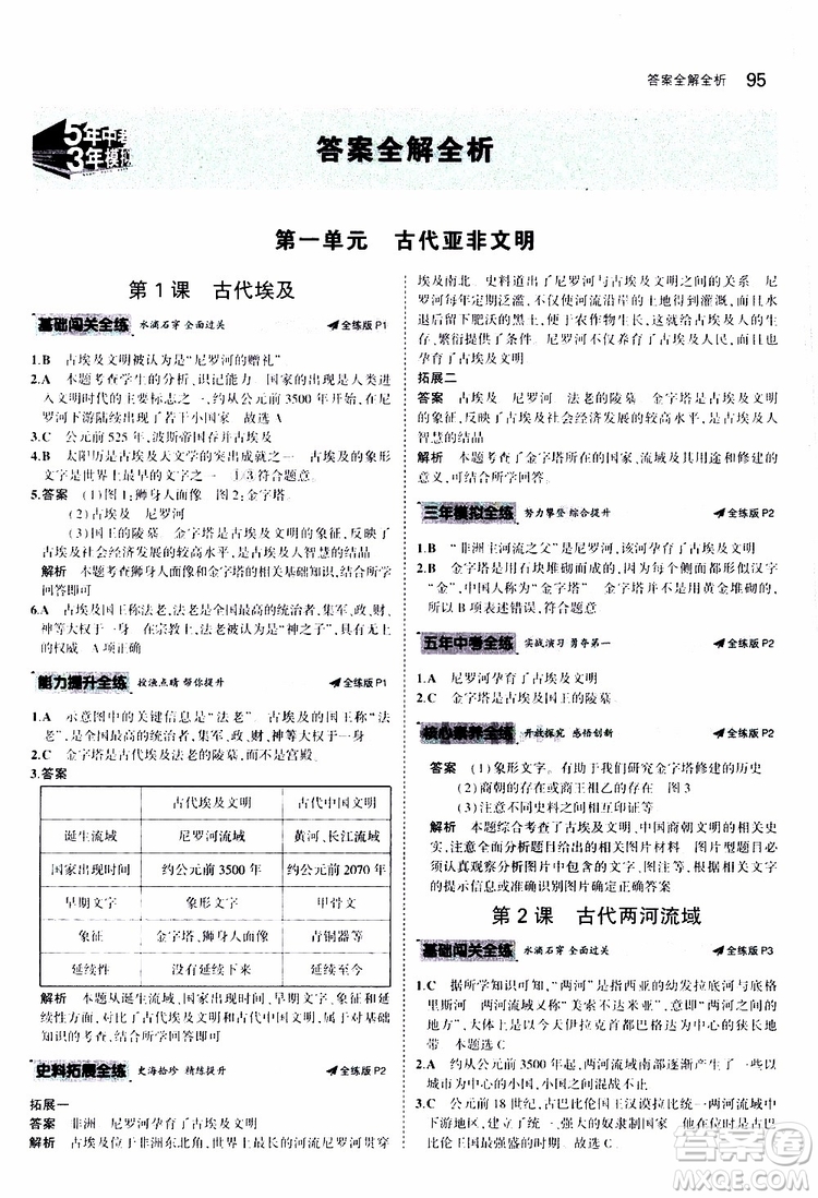 曲一線2020版5年中考3年模擬初中歷史九年級上冊全練版人教版參考答案