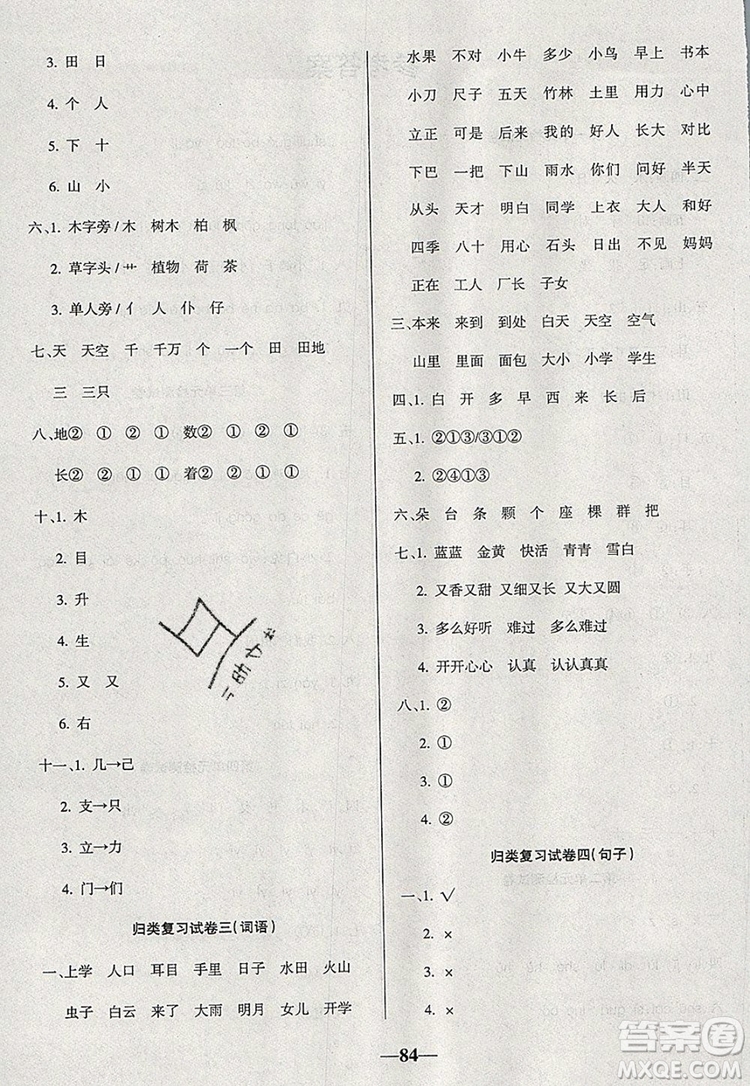 2019年名師點睛滿分卷一年級語文上冊人教版參考答案