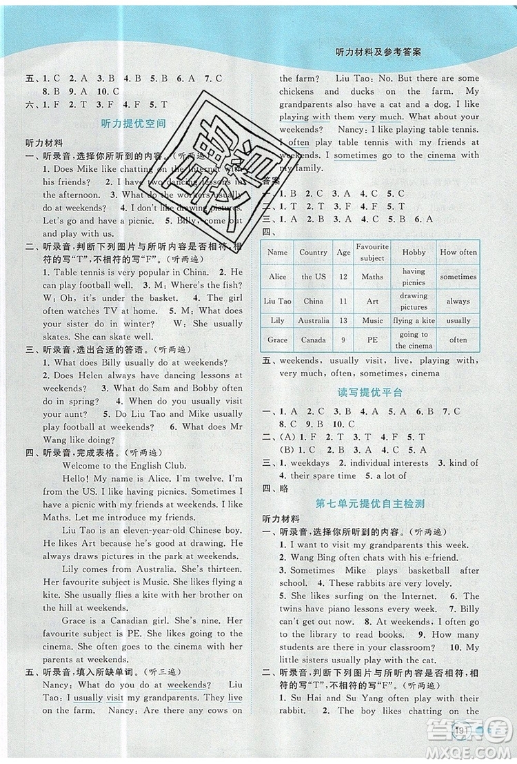 2019年亮點(diǎn)給力提優(yōu)班多維互動(dòng)空間五年級(jí)英語上冊(cè)參考答案