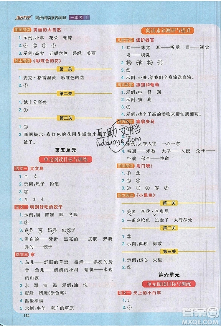 2019年陽光同學同步閱讀素養(yǎng)測試小學語文一年級上冊參考答案