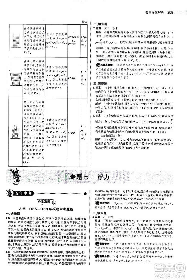 曲一線2020版5年中考3年模擬中考物理福建專用參考答案