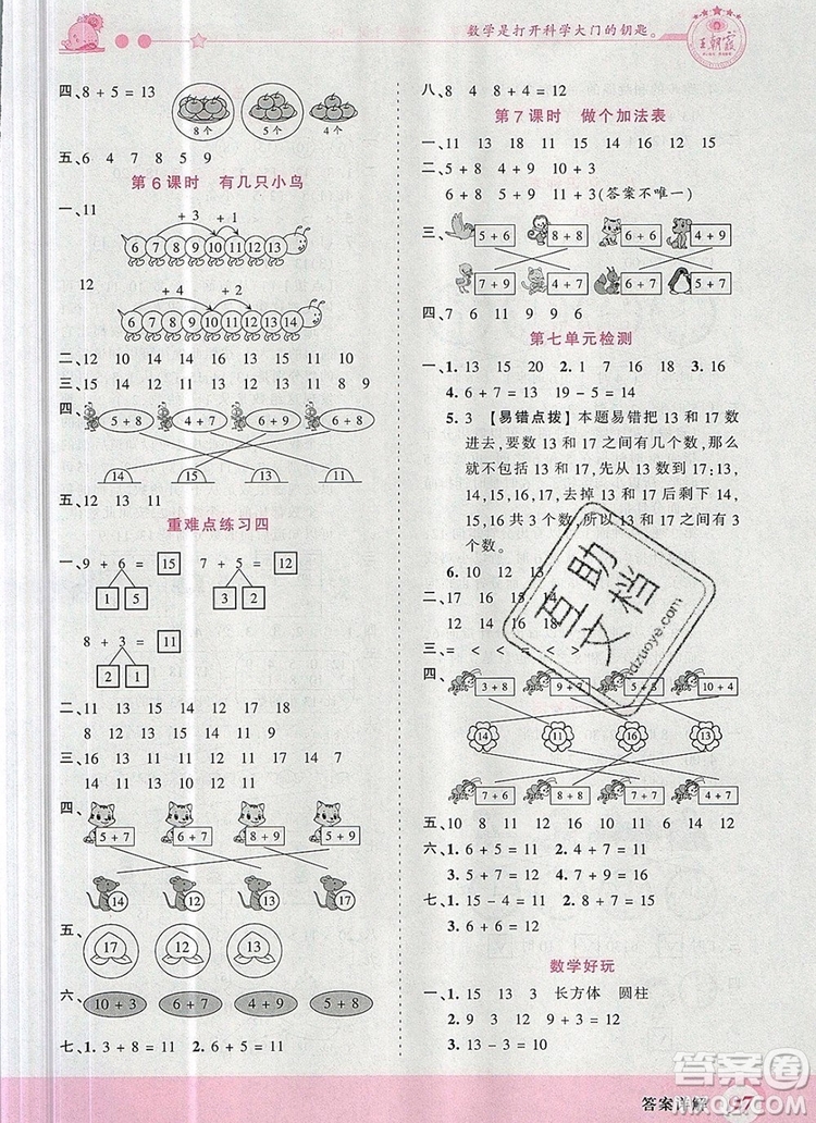 2019年王朝霞創(chuàng)維新課堂一年級(jí)數(shù)學(xué)上冊(cè)北師大版參考答案