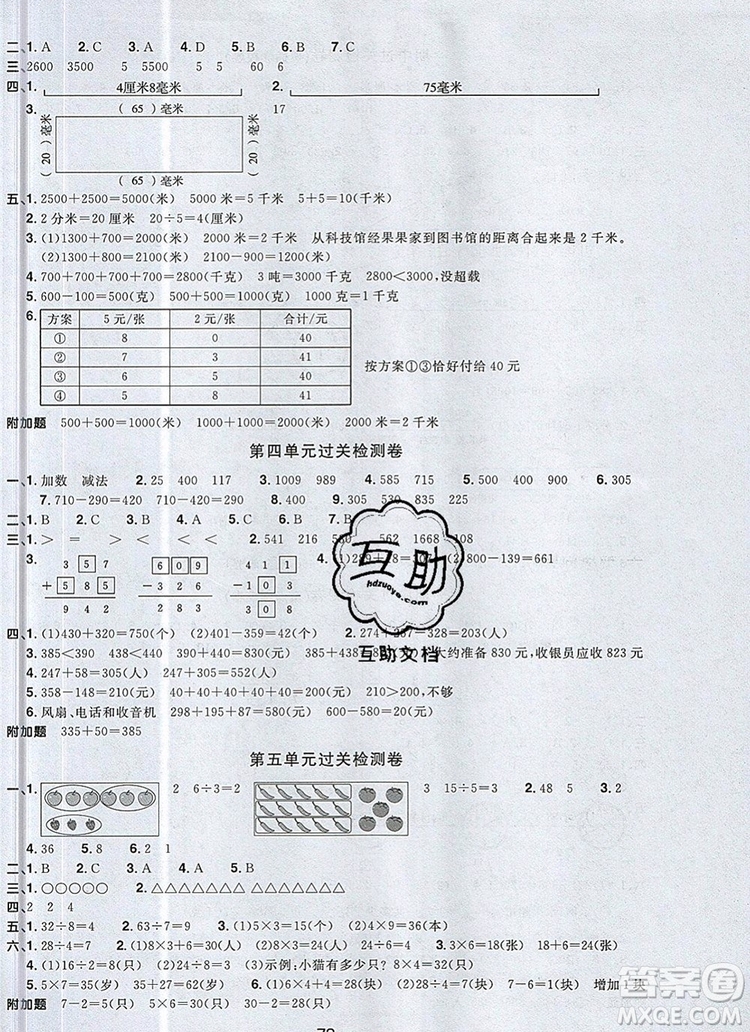 2019年陽(yáng)光同學(xué)一線名師全優(yōu)好卷三年級(jí)數(shù)學(xué)上冊(cè)人教版參考答案