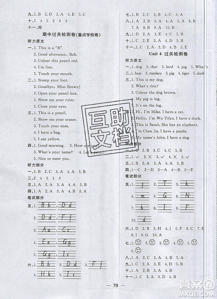 2019年陽(yáng)光同學(xué)一線名師全優(yōu)好卷三年級(jí)英語(yǔ)上冊(cè)人教PEP版參考答案