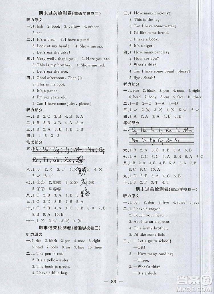 2019年陽(yáng)光同學(xué)一線名師全優(yōu)好卷三年級(jí)英語(yǔ)上冊(cè)人教PEP版參考答案