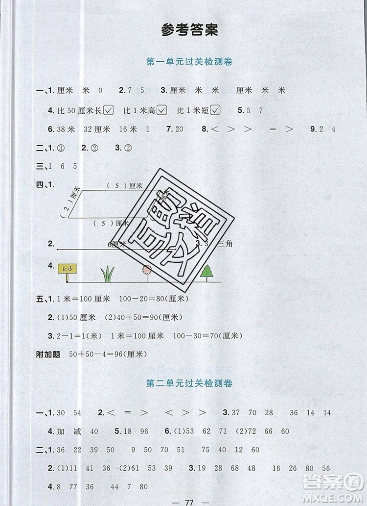 2019年陽光同學(xué)一線名師全優(yōu)好卷二年級數(shù)學(xué)上冊人教版參考答案