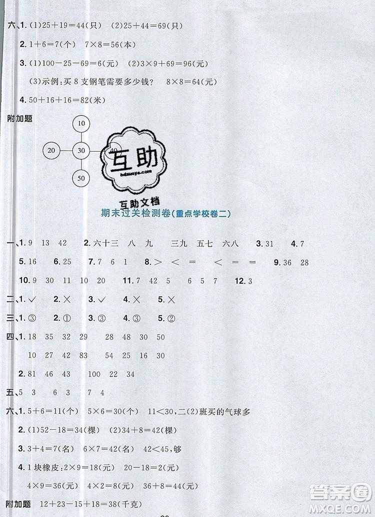 2019年陽光同學(xué)一線名師全優(yōu)好卷二年級數(shù)學(xué)上冊人教版參考答案