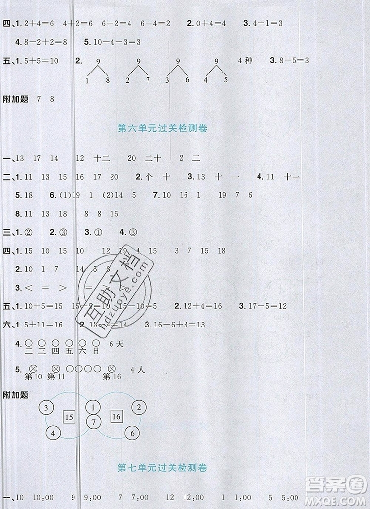 2019年陽光同學一線名師全優(yōu)好卷一年級數(shù)學上冊人教版參考答案