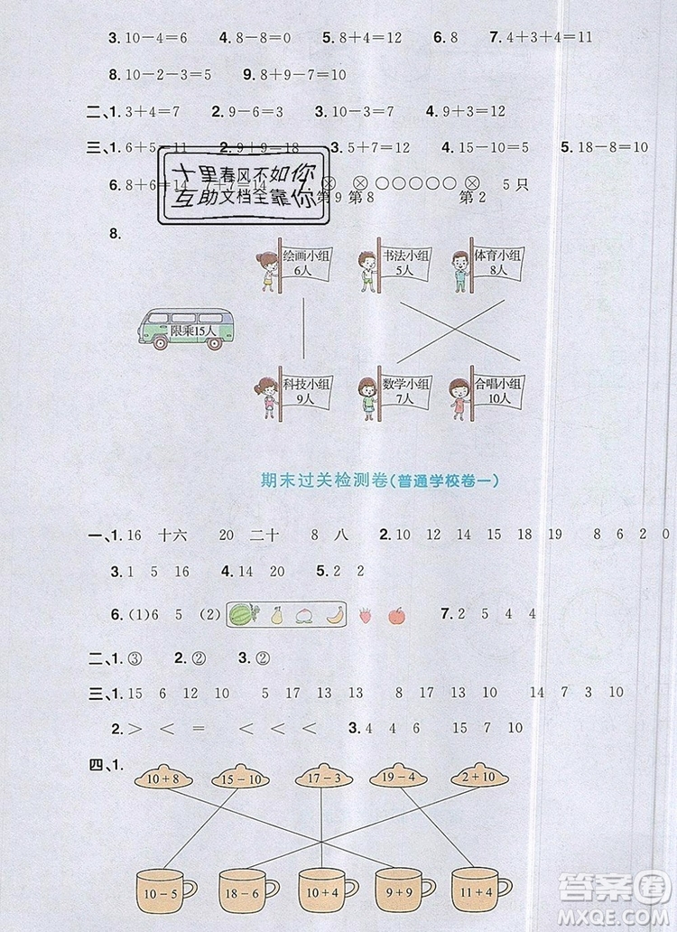 2019年陽光同學一線名師全優(yōu)好卷一年級數(shù)學上冊人教版參考答案