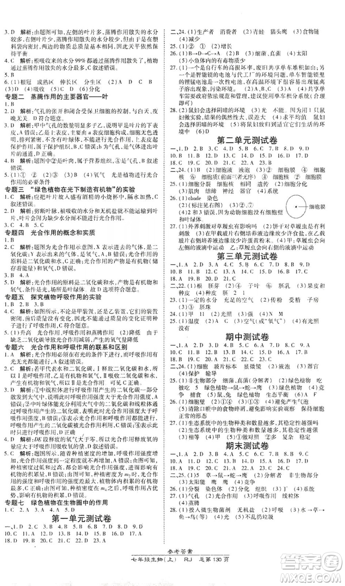 萬向思維2019高效課時通七年級生物上冊人教版答案