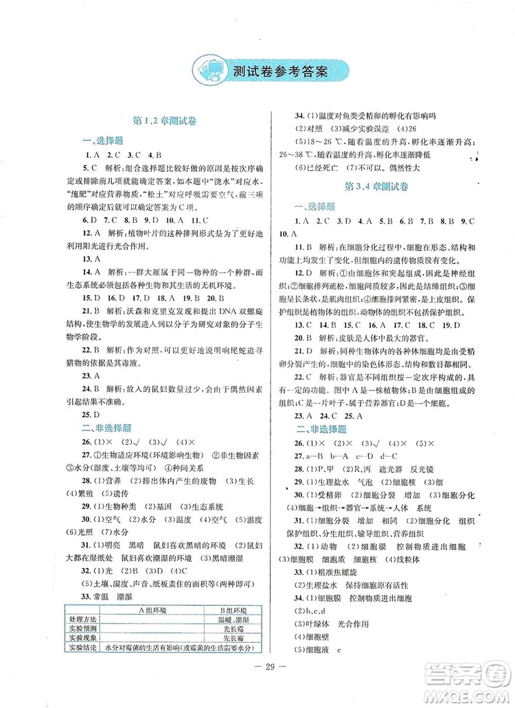 北京師范大學(xué)出版社2019課堂精練福建專版七年級(jí)生物上冊北師大版答案