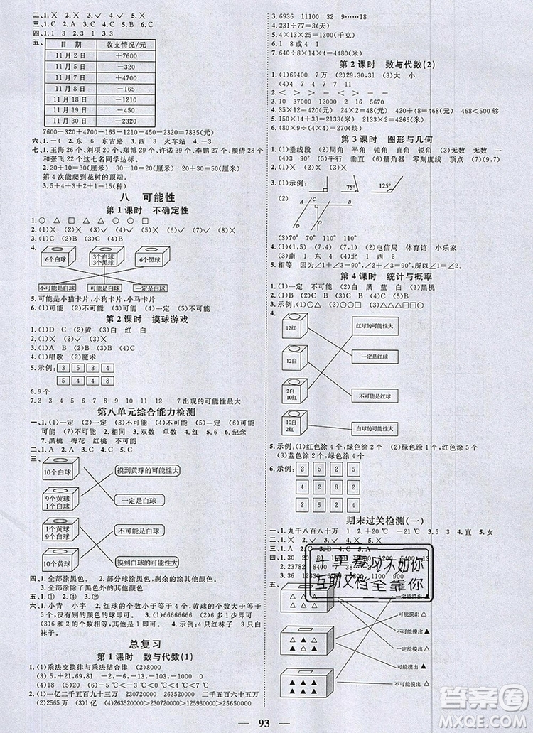 2019年陽(yáng)光同學(xué)課時(shí)優(yōu)化作業(yè)四年級(jí)數(shù)學(xué)上冊(cè)北師大版深圳專用參考答案