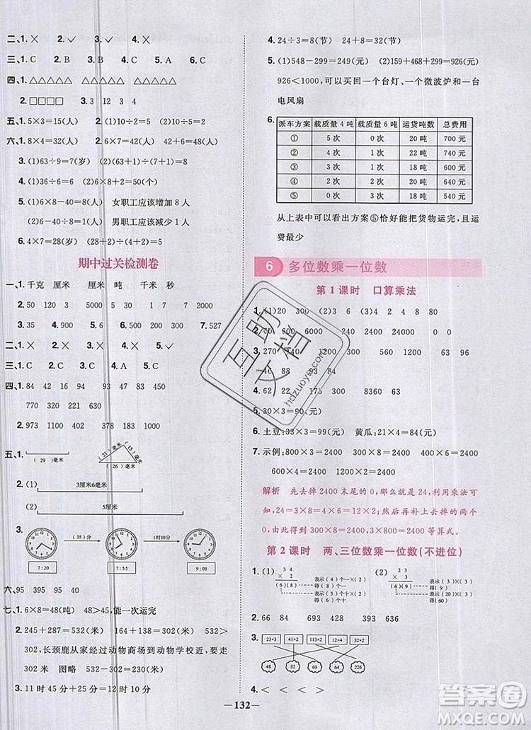 2019年陽光同學(xué)課時(shí)優(yōu)化作業(yè)三年級數(shù)學(xué)上冊人教版參考答案