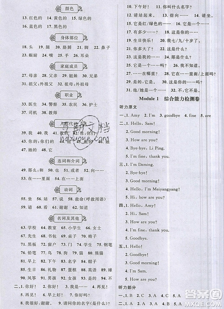 2019年陽(yáng)光同學(xué)課時(shí)優(yōu)化作業(yè)三年級(jí)英語(yǔ)上冊(cè)外研版參考答案