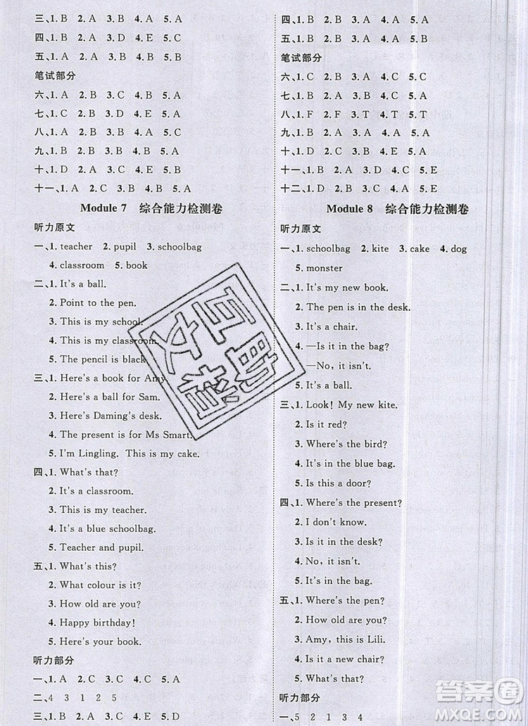 2019年陽(yáng)光同學(xué)課時(shí)優(yōu)化作業(yè)三年級(jí)英語(yǔ)上冊(cè)外研版參考答案