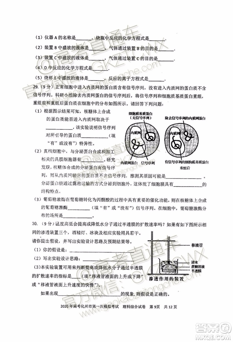 2020屆化州一模文理綜試題及參考答案