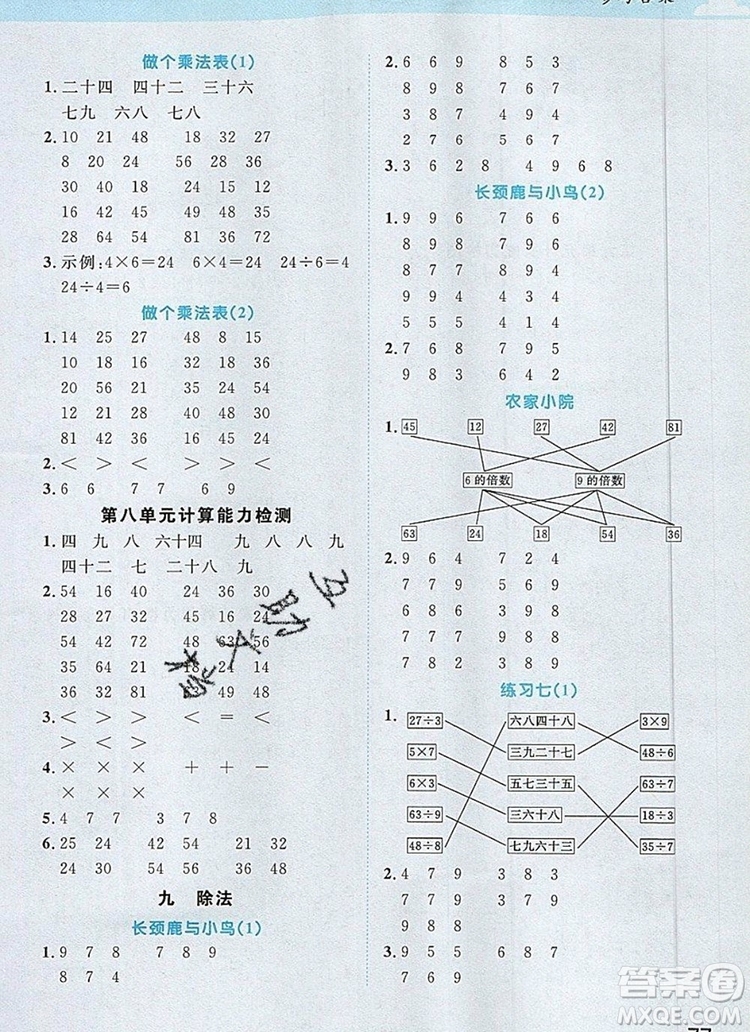 2019年陽光同學(xué)計(jì)算小達(dá)人二年級數(shù)學(xué)上冊北師大版參考答案