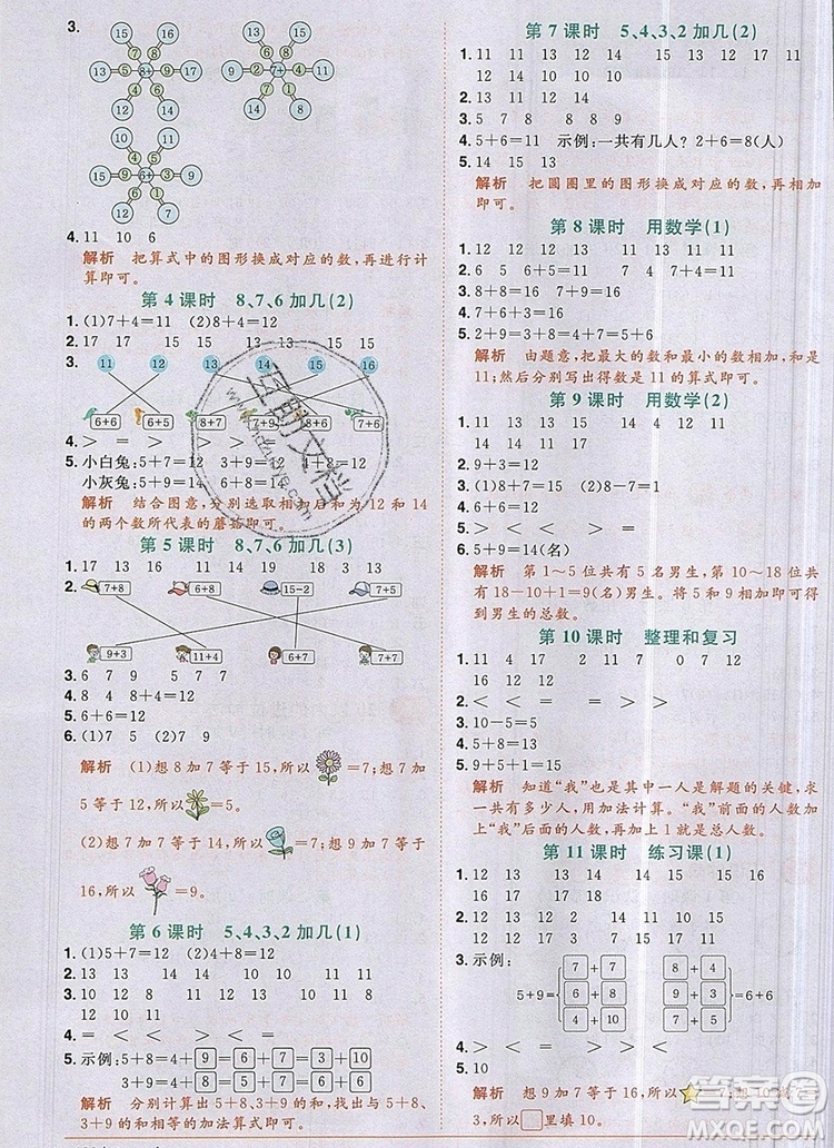 2019年陽光同學(xué)課時優(yōu)化作業(yè)一年級數(shù)學(xué)上冊人教版參考答案