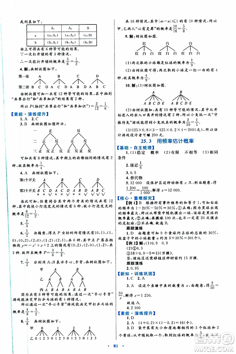 2019年初中同步學(xué)習(xí)目標(biāo)與檢測(cè)數(shù)學(xué)九年級(jí)全一冊(cè)參考答案