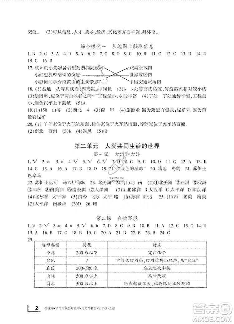 寧波出版社2019新課標學(xué)習(xí)方法指導(dǎo)叢書7年級歷史與社會上冊人教版答案