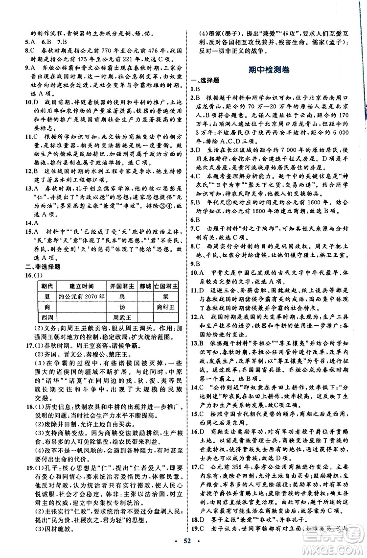 2019年初中同步學(xué)習(xí)目標(biāo)與檢測歷史七年級(jí)上冊(cè)人教版參考答案