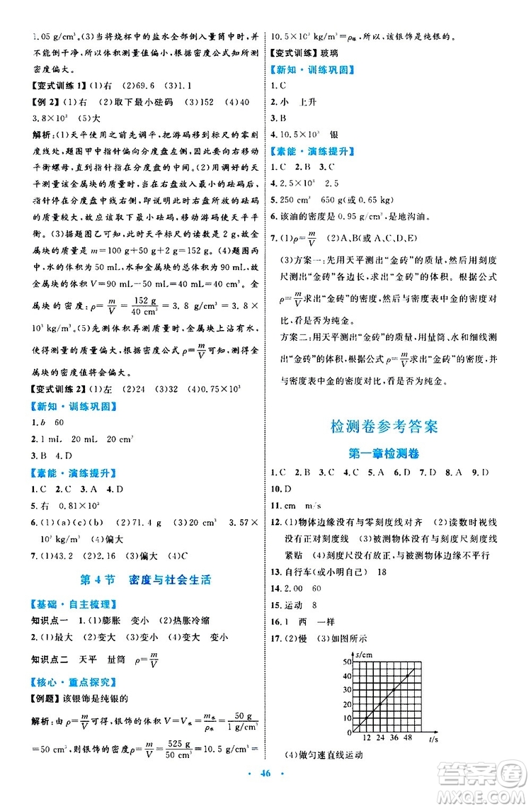 2019年初中同步學(xué)習(xí)目標(biāo)與檢測物理八年級上冊人教版參考答案