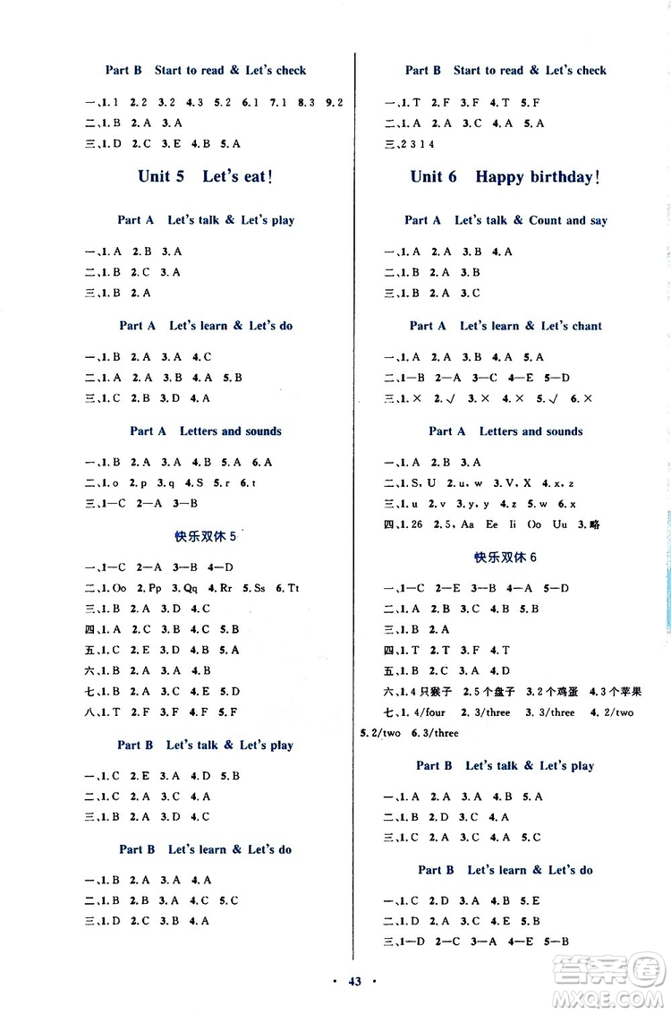 2019年小學(xué)同步學(xué)習(xí)目標(biāo)與檢測英語三年級上冊人教版參考答案