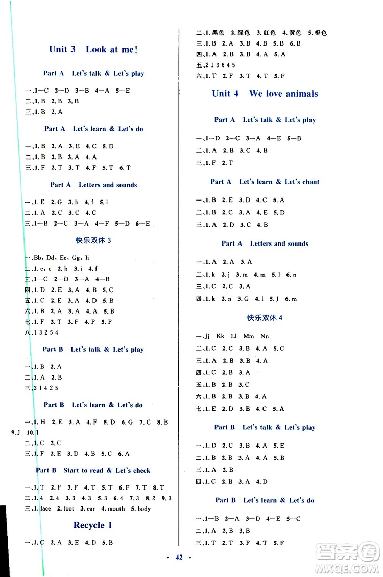 2019年小學(xué)同步學(xué)習(xí)目標(biāo)與檢測英語三年級上冊人教版參考答案