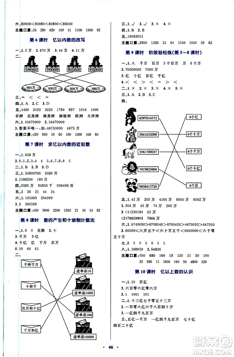 2019年小學(xué)同步學(xué)習(xí)目標(biāo)與檢測數(shù)學(xué)四年級上冊人教版參考答案